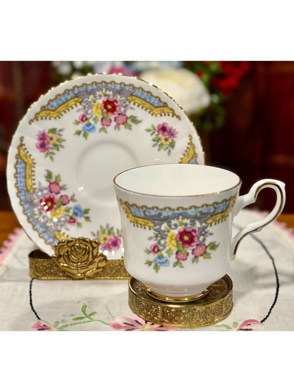 Royal Stafford Regency Blue Fluted China Teacup Saucer Set #23 England c. 1955
